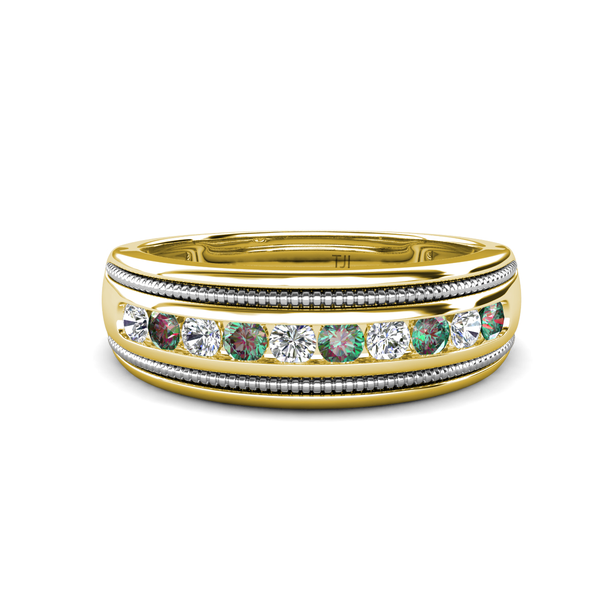 Zaid 0.59 ctw Round Natural Diamond and Created Alexandrite Two Toned and High Polished Edges Men Wedding Band (8 mm) 